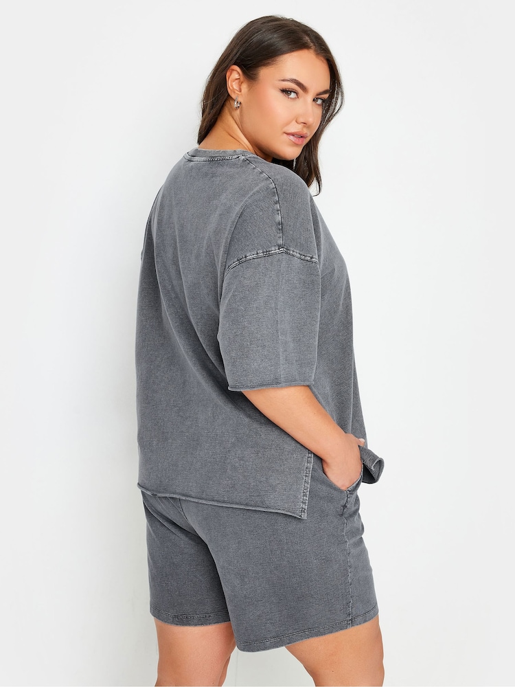 Yours Curve Grey 100% Cotton Limited Collection  Acid Wash Jogger Shorts - Image 3 of 5