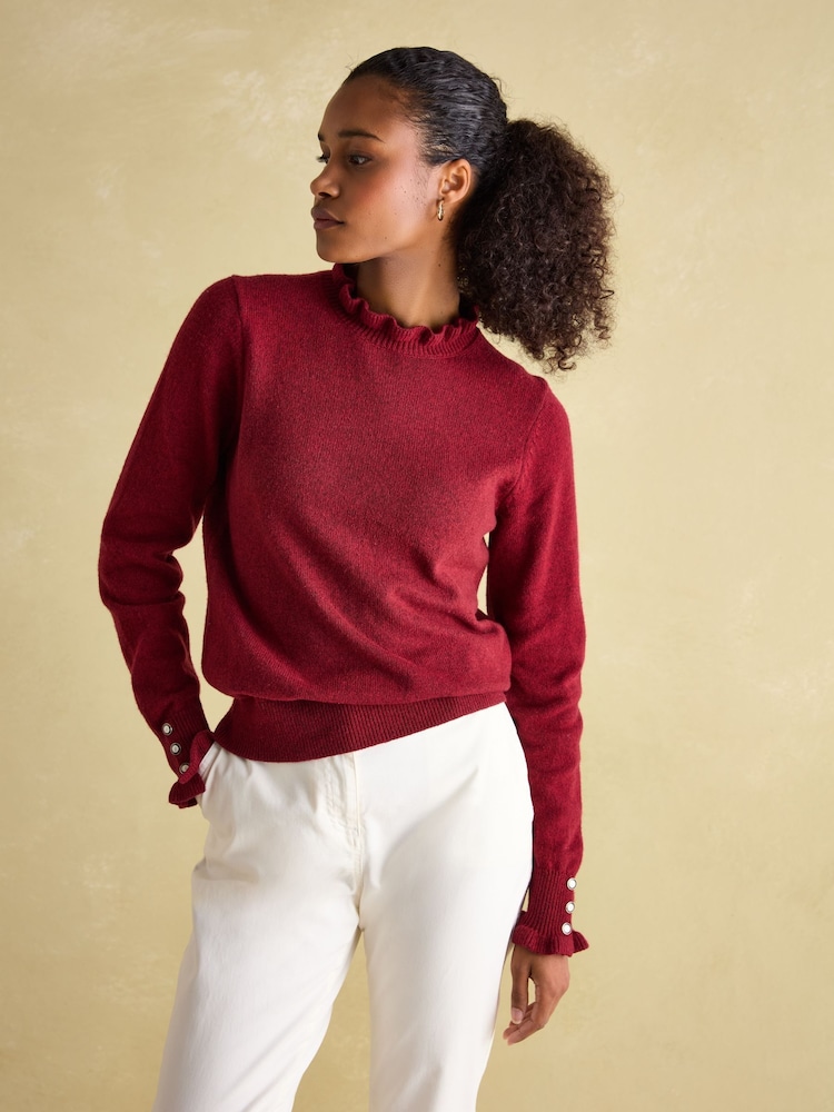 Joules Edith Burgundy Frill Neck Jumper - Image 1 of 1 Joules Edith Burgundy Frill Neck Jumper - Image 1 of 1