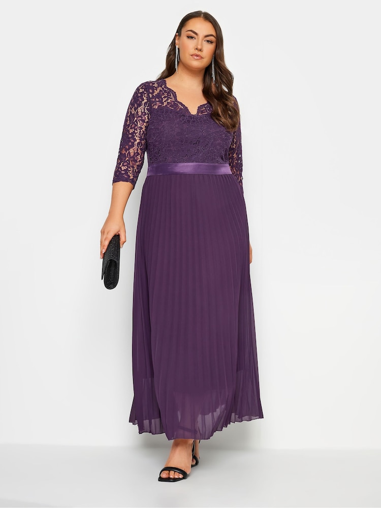 Yours Curve Purple Lace Wrap Pleated Maxi Dress - Image 1 of 4 Yours Curve Purple Lace Wrap Pleated Maxi Dress - Image 1 of 4