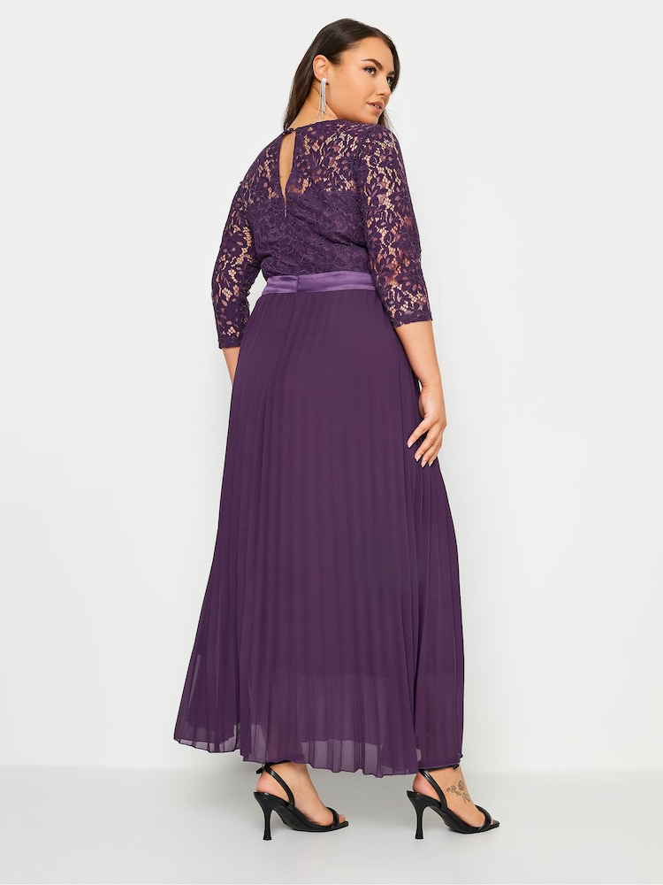Yours Curve Purple Lace Wrap Pleated Maxi Dress - Image 2 of 4 Yours Curve Purple Lace Wrap Pleated Maxi Dress - Image 2 of 4