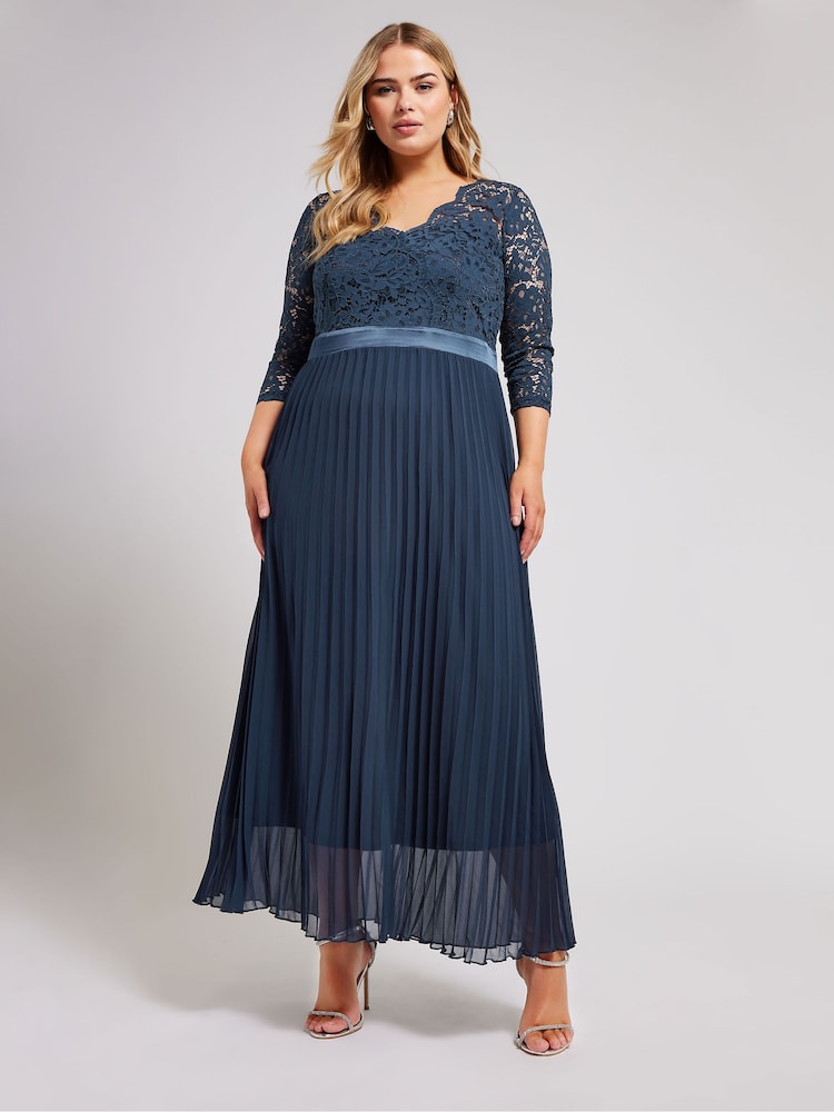Yours Curve Blue Lace Wrap Pleated Maxi Dress - Image 1 of 4