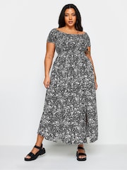 Yours Curve Black Ditsy Floral Print Shirred Bardot Maxi Dress - Image 1 of 5