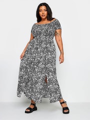 Yours Curve Black Ditsy Floral Print Shirred Bardot Maxi Dress - Image 2 of 5