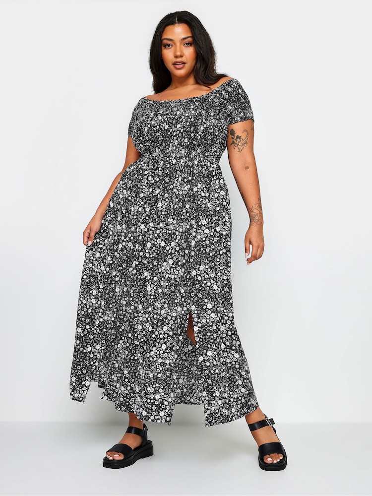 Schwarz - Yours Curve Ditsy Blumendruck Gerafftes Bardot-Maxikleid - Bild 2 von 5 Schwarz - Yours Curve Ditsy Blumendruck Gerafftes Bardot-Maxikleid - Bild 2 von 5
