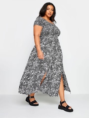 Yours Curve Black Ditsy Floral Print Shirred Bardot Maxi Dress - Image 3 of 5