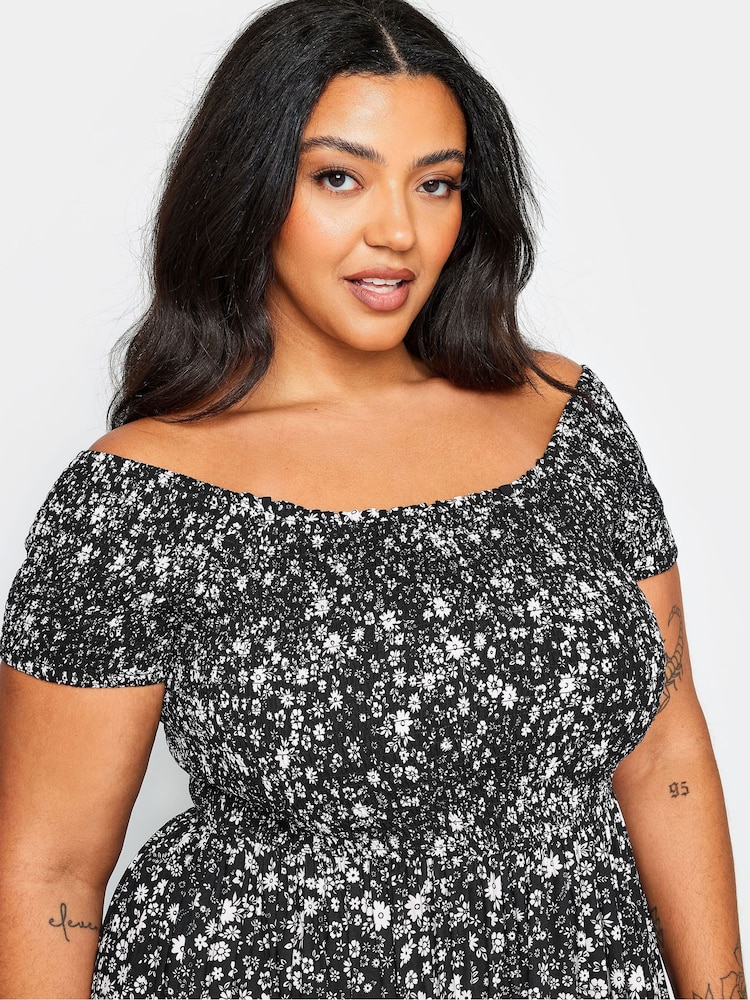 Yours Curve Black Ditsy Floral Print Shirred Bardot Maxi Dress - Image 5 of 5