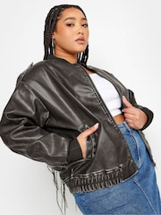 Yours Curve Black Washed PU Bomber Jacket - Image 1 of 5