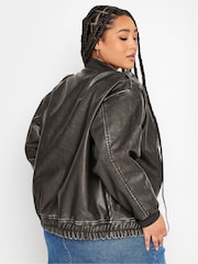 Yours Curve Black Washed PU Bomber Jacket - Image 2 of 5