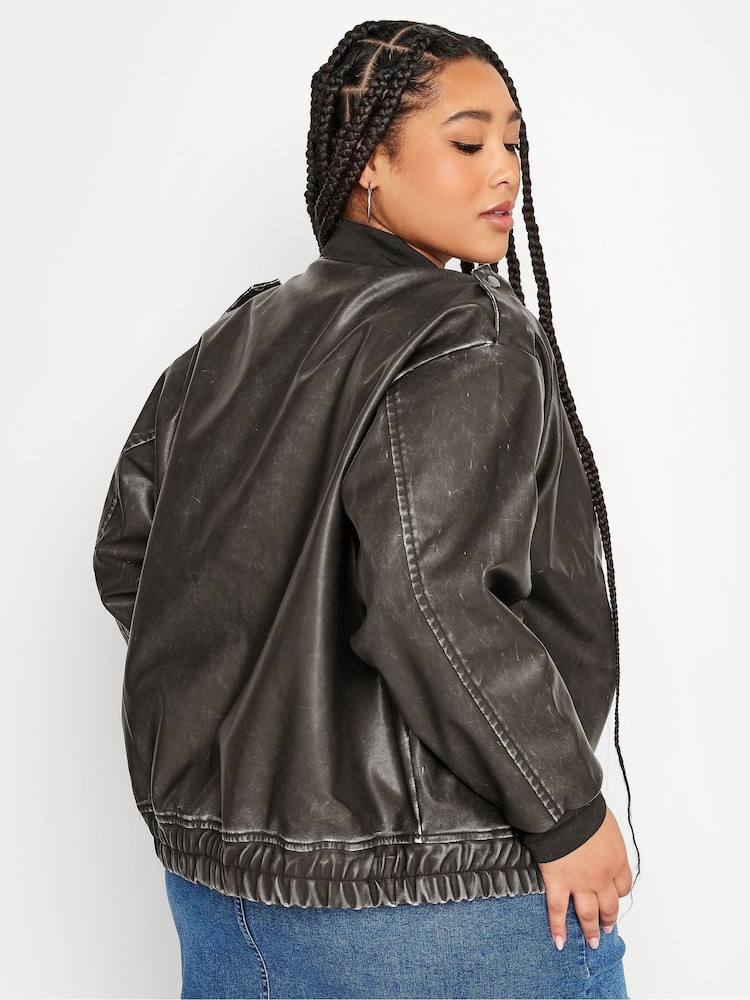 Yours Curve Black Washed PU Bomber Jacket - Image 2 of 5