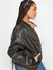 Yours Curve Black Washed PU Bomber Jacket - Image 4 of 5