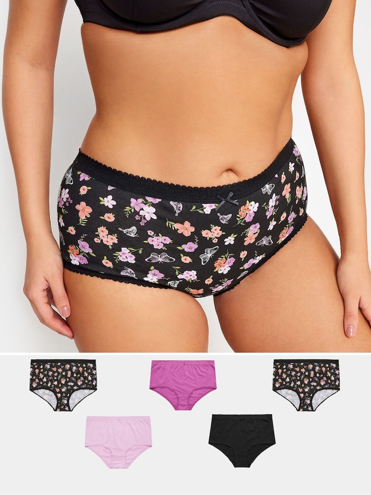 Yours Curve Pink 100% Cotton Butterfly Design High Waisted Full Briefs 5 Pack - Image 1 of 2 Yours Curve Pink 100% Cotton Butterfly Design High Waisted Full Briefs 5 Pack - Image 1 of 2