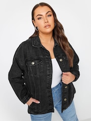 Yours Curve Black Washed Oversized 100% Cotton Denim Jacket - Image 1 of 4