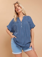 Yours Curve Blue Stripe Notchneck Blouse - Image 1 of 5