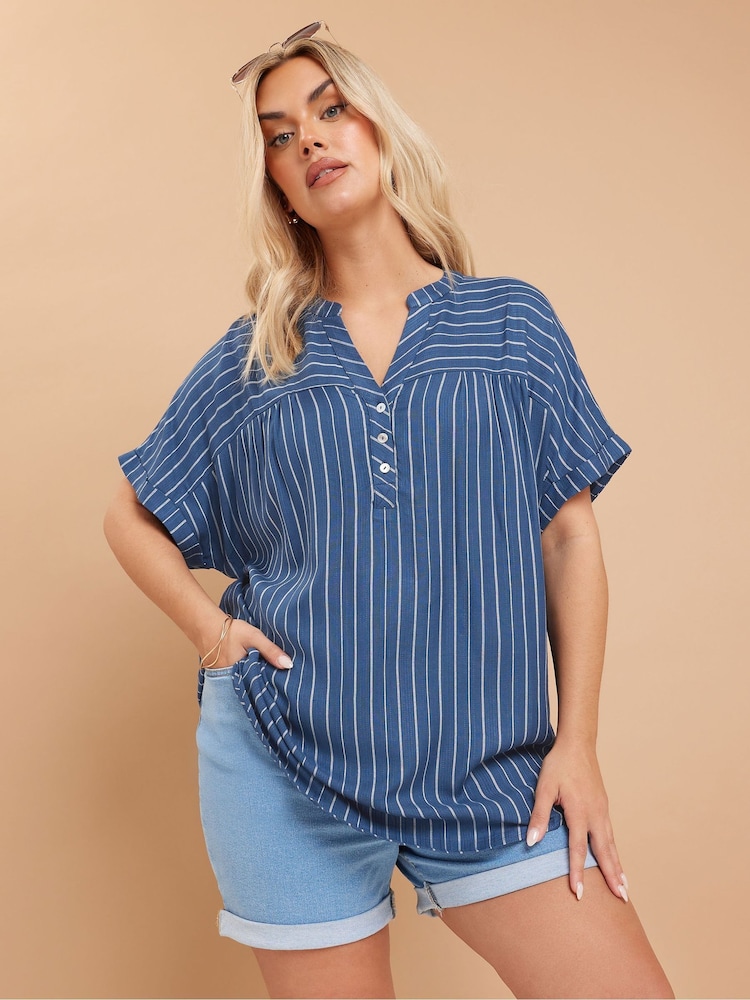 Yours Curve Blue Stripe Notchneck Blouse - Image 1 of 5