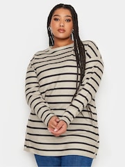 Yours Curve Beige Brown Striped Side Popper Top - Image 1 of 4