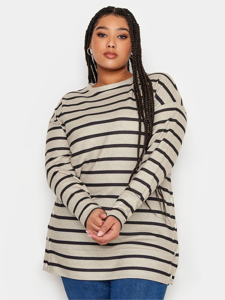 Yours Curve Beige Brown Striped Side Popper Top - Image 1 of 4
