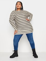 Yours Curve Beige Brown Striped Side Popper Top - Image 2 of 4