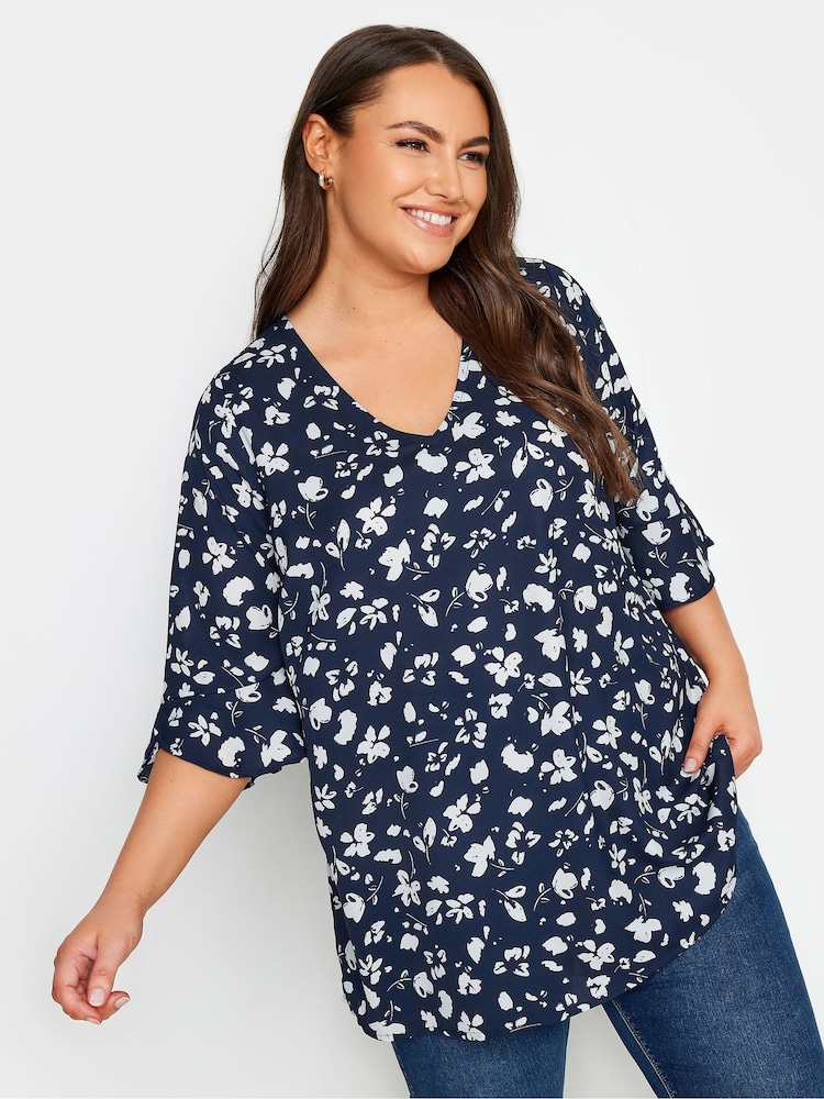 Yours Curve Blue Frill Sleeve Swing Top - Image 1 of 4
