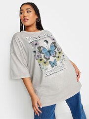 Yours Curve Grey 'Happiness' Printed Oversized T-Shirt - Image 1 of 4