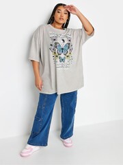 Yours Curve Grey 'Happiness' Printed Oversized T-Shirt - Image 2 of 4