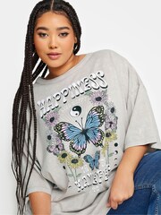 Yours Curve Grey 'Happiness' Printed Oversized T-Shirt - Image 4 of 4