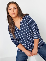 Yours Curve Blue 100% Cotton Stripe Top - Image 1 of 4