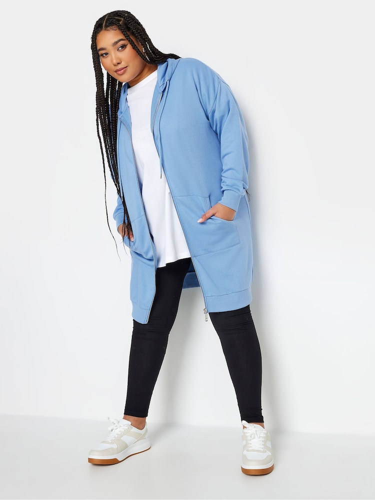 Yours Curve Blue Longline Zip Through Hoodie - Image 1 of 4