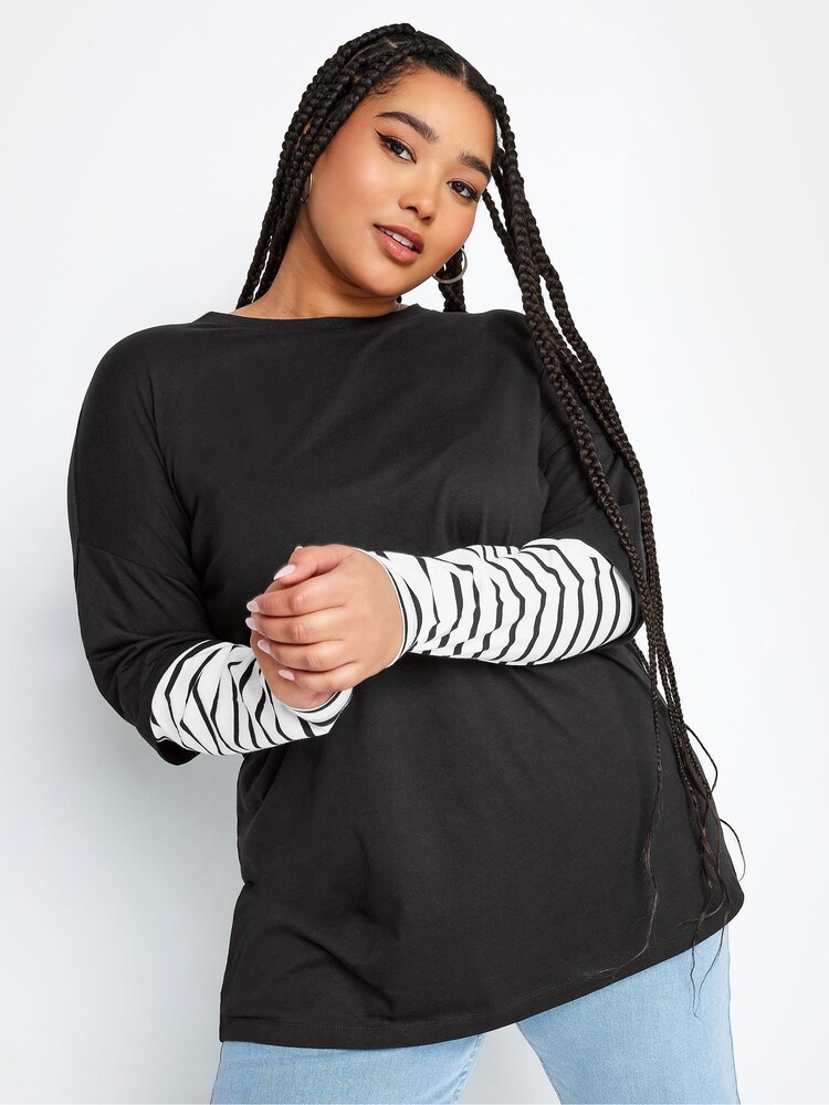 Yours Curve Black 2 In 1 Stripe Sleeve Top - Image 1 of 4