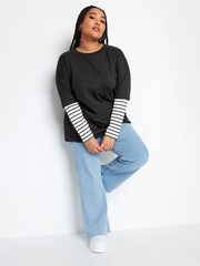 Yours Curve Black 2 In 1 Stripe Sleeve Top - Image 2 of 4