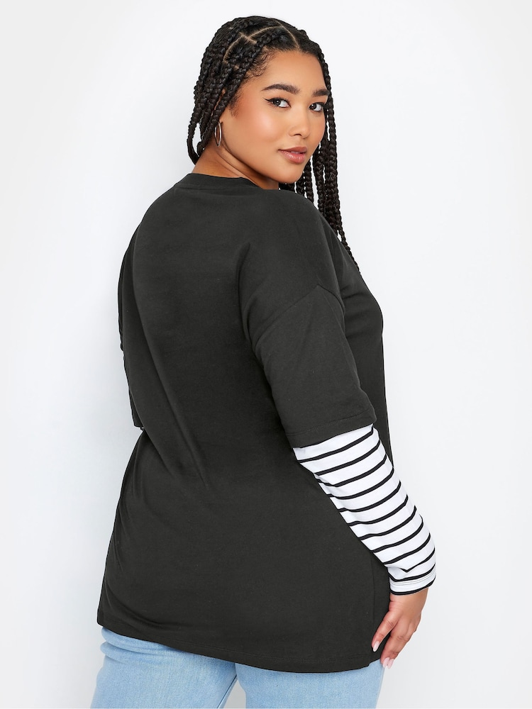 Yours Curve Black 2 In 1 Stripe Sleeve Top - Image 3 of 4