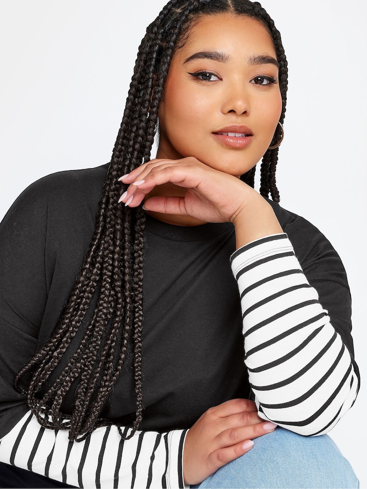 Yours Curve Black 2 In 1 Stripe Sleeve Top - Image 4 of 4