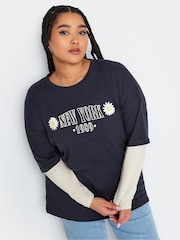 Yours Curve Blue 2-In-1 Stripe Sleeve 100% Cotton Top - Image 1 of 4
