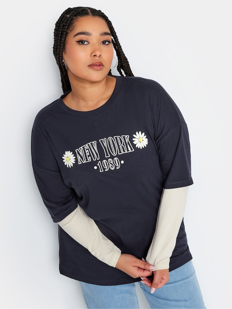 Yours Curve Blue 2-In-1 Stripe Sleeve 100% Cotton Top - Image 1 of 4