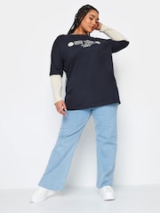 Yours Curve Blue 2-In-1 Stripe Sleeve 100% Cotton Top - Image 2 of 4