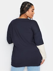 Yours Curve Blue 2-In-1 Stripe Sleeve 100% Cotton Top - Image 3 of 4