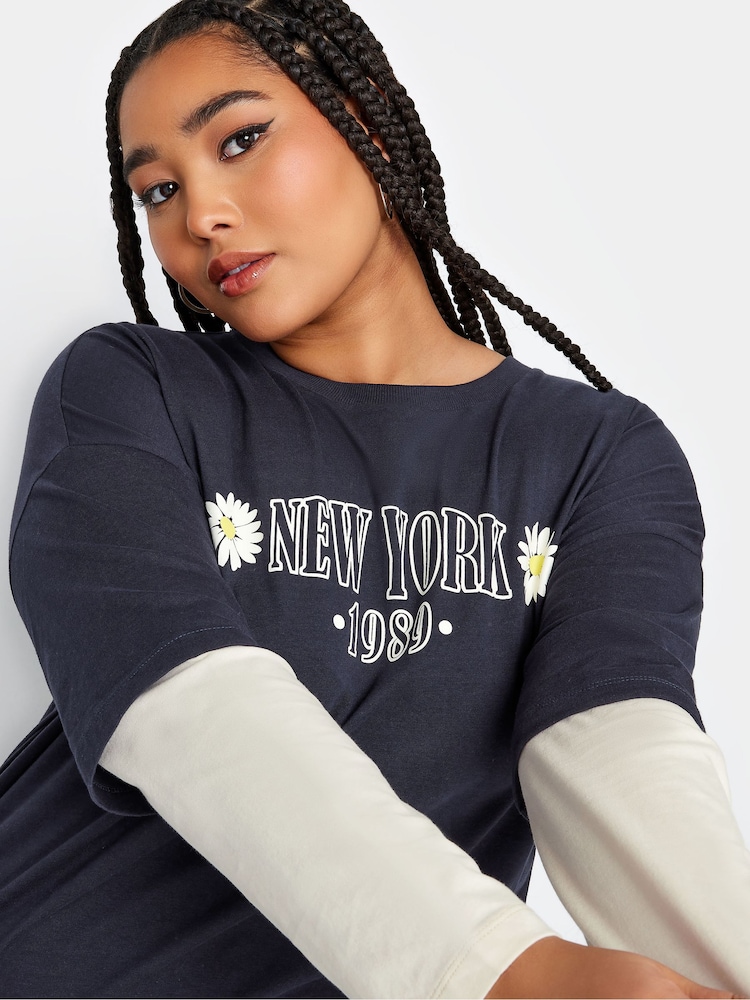 Yours Curve Blue 2-In-1 Stripe Sleeve 100% Cotton Top - Image 4 of 4