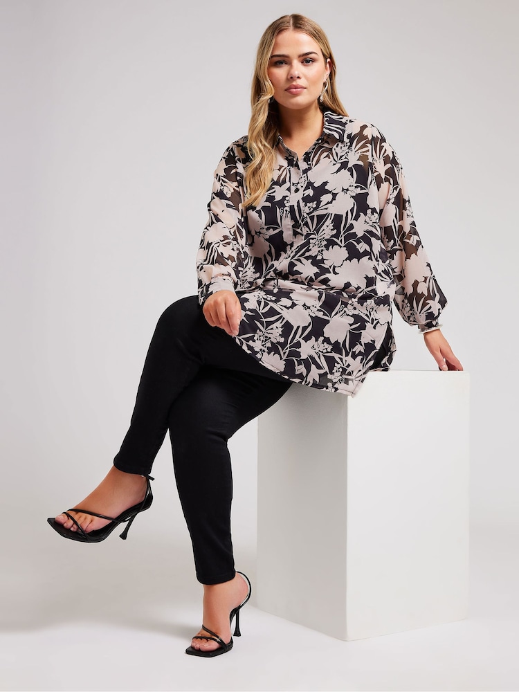Yours London Curve Black Floral Longline Shirt - Image 2 of 4