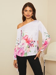 Lipsy Lilac Floral Asymmetic Bardot Neck Slinky Top - Image 1 of 4