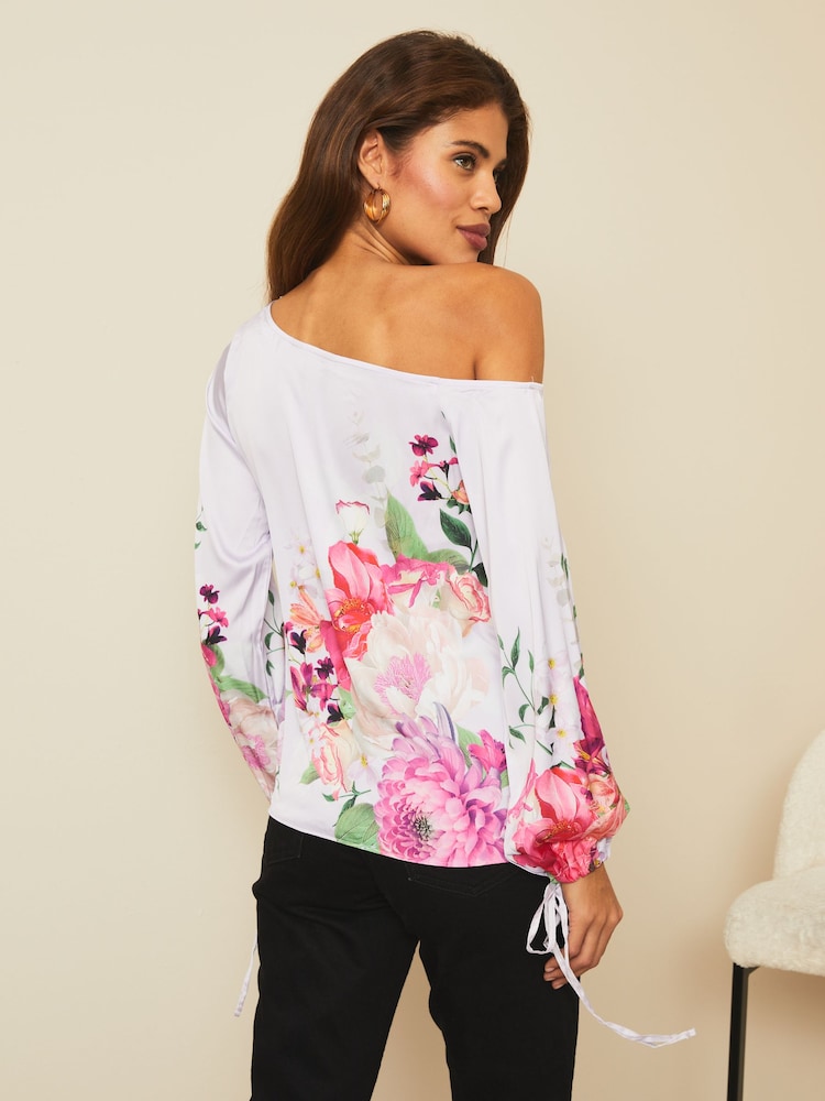 Lipsy Lilac Floral Asymmetic Bardot Neck Slinky Top - Image 2 of 4