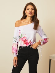 Lipsy Lilac Floral Asymmetic Bardot Neck Slinky Top - Image 3 of 4