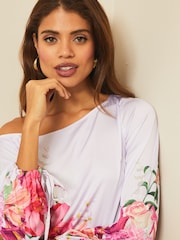 Lipsy Lilac Floral Asymmetic Bardot Neck Slinky Top - Image 4 of 4