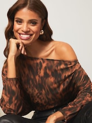 Lipsy Animal Print Asymmetic Bardot Neck Slinky Top - Image 4 of 4