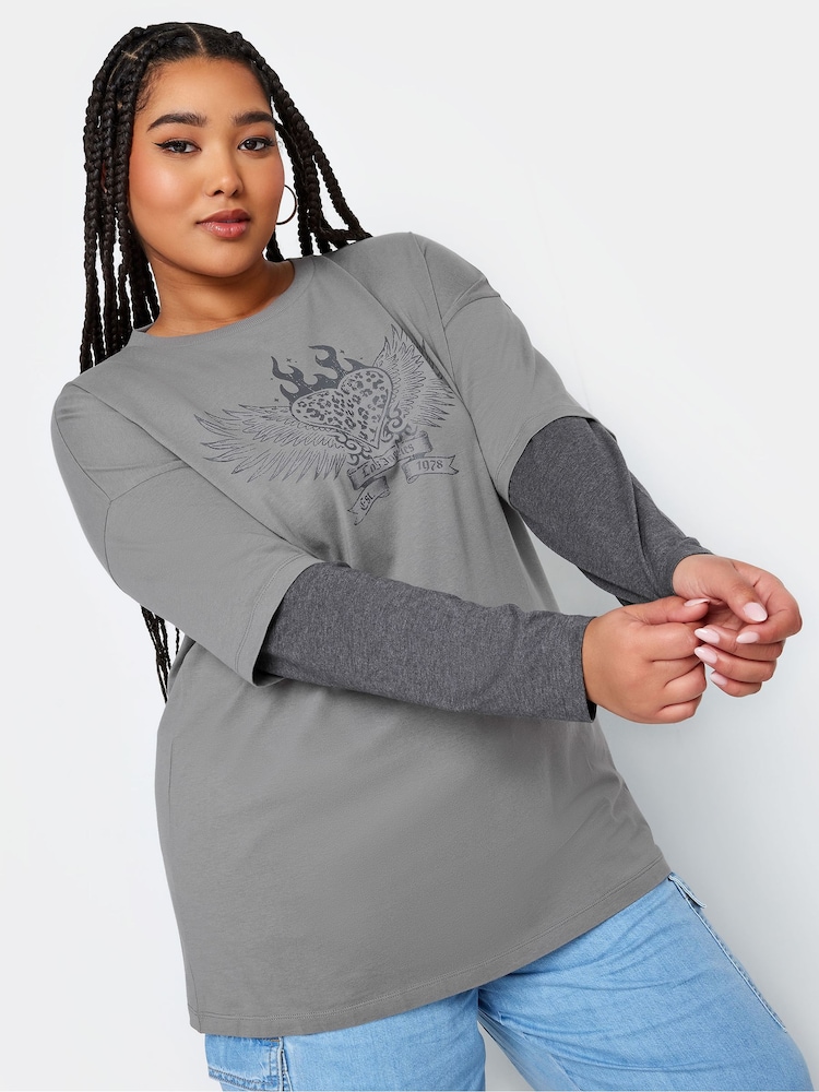 Yours Curve Grey 2 In 1 Stripe Sleeve Top - Image 1 of 4