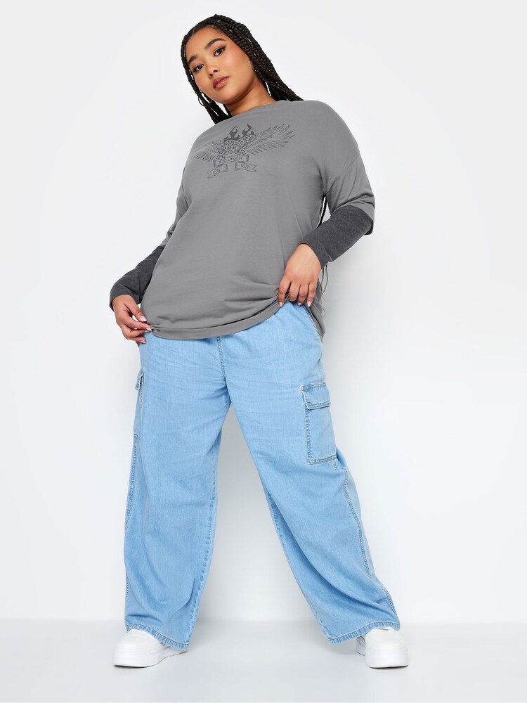 Yours Curve Grey 2 In 1 Stripe Sleeve Top - Image 2 of 4