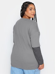 Yours Curve Grey 2 In 1 Stripe Sleeve Top - Image 3 of 4