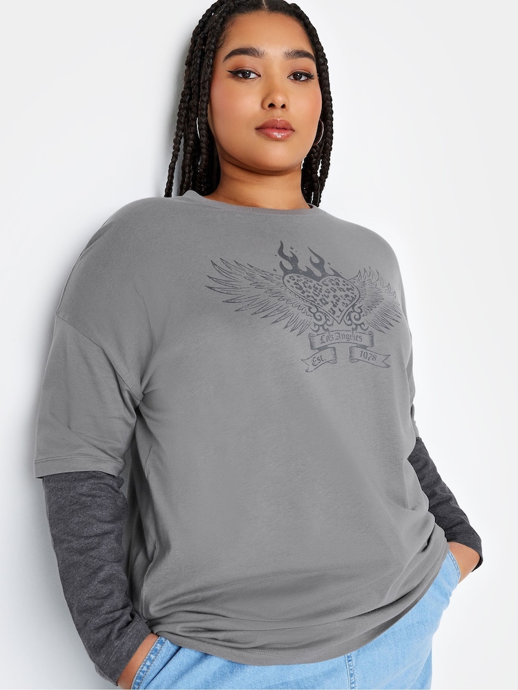 Yours Curve Grey 2 In 1 Stripe Sleeve Top - Image 4 of 4