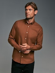 Tan Brown Slim Fit Long Sleeve Oxford 100% Cotton Shirt - Image 1 of 9