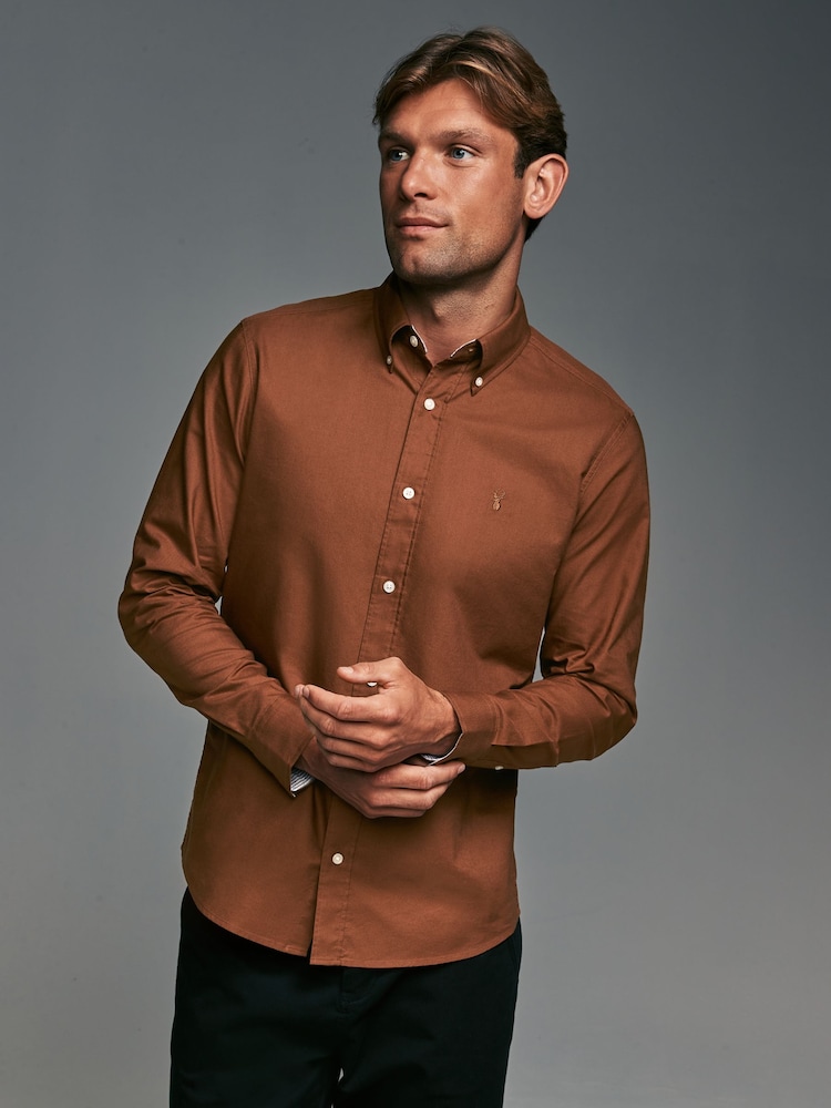 Tan Brown Slim Fit Long Sleeve Oxford 100% Cotton Shirt - Image 1 of 9