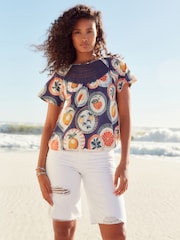 Blue Short Sleeve Crochet Bubblehem Printed Top - Image 1 of 6