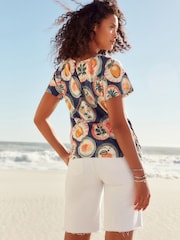 Blue Short Sleeve Crochet Bubblehem Printed Top - Image 2 of 6